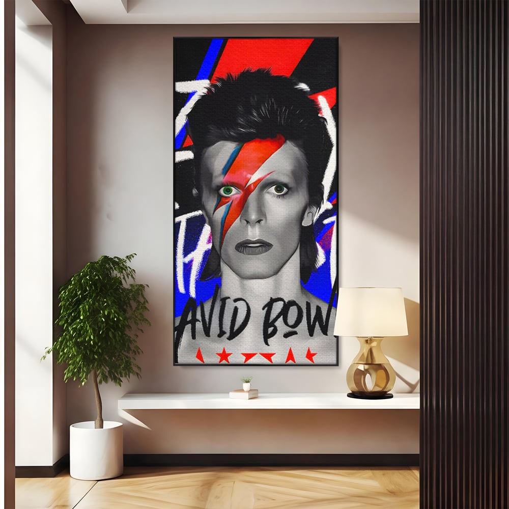 Tablou canvas cu tablou portret david bowie cu fulger, in rama de aluminiu negru